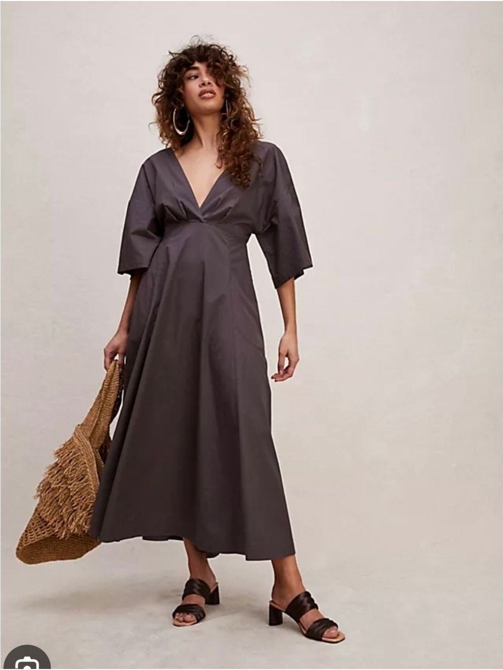 NWT Free People Find Me Here Cotton Midi  V-Neck Dress In Shaded Rock Size S